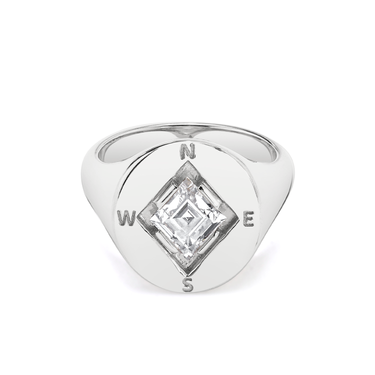 Just Brilliant compass ring in 18K White Gold, front view.