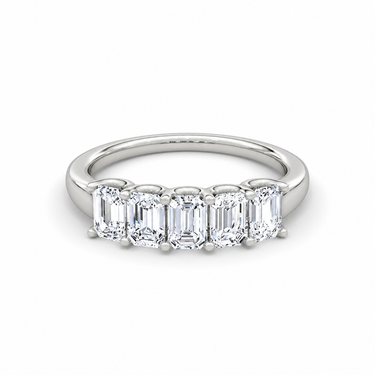 Just Brilliant Five Stone Diamond Band, Large version with Emerald diamonds in 18K white gold, front view. #jb-five-stone_large_emerald_18k-white-gold_front