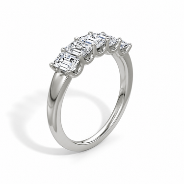 Just Brilliant Five Stone Diamond Band, Large version with Emerald diamonds in 18K white gold, upright view. #jb-five-stone_large_emerald_18k-white-gold_upright