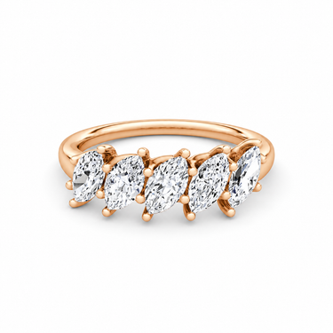 Just Brilliant Five Stone Diamond Band, Large version with Marquise diamonds in 18K rose gold, front view. #jb-five-stone_large_marquise_18k-rose-gold_front