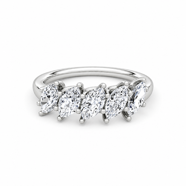 Just Brilliant Five Stone Diamond Band, Large version with Marquise diamonds in 18K white gold, front view. #jb-five-stone_large_marquise_18k-white-gold_front