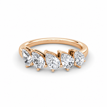 Just Brilliant Five Stone Diamond Band, Large version with Pear diamonds in 18K rose gold, front view. #jb-five-stone_large_pear_18k-rose-gold_front