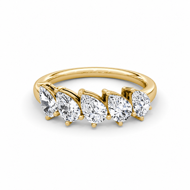 Just Brilliant Five Stone Diamond Band, Large version with Pear diamonds in 18K yellow gold, front view. #jb-five-stone_large_pear_18k-yellow-gold_front