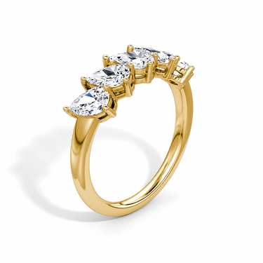 Just Brilliant Five Stone Diamond Band, Large version with Pear diamonds in 18K yellow gold, upright view. #jb-five-stone_large_pear_18k-yellow-gold_upright