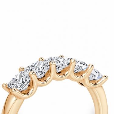 Just Brilliant Five Stone Diamond Band, Large version with Princess diamonds in 18K rose gold, detail view. #jb-five-stone_large_princess_18k-rose-gold_detail