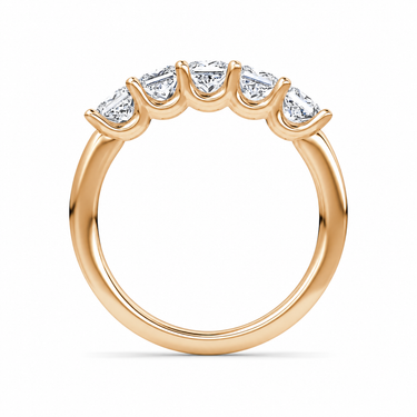 Just Brilliant Five Stone Diamond Band, Large version with Princess diamonds in 18K rose gold, profile view. #jb-five-stone_large_princess_18k-rose-gold_profile
