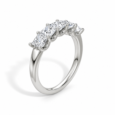 Just Brilliant Five Stone Diamond Band, Large version with Princess diamonds in 18K white gold, upright view. #jb-five-stone_large_princess_18k-white-gold_upright