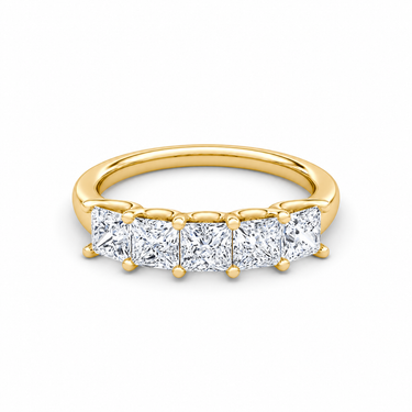 Just Brilliant Five Stone Diamond Band, Large version with Princess diamonds in 18K yellow gold, front view. #jb-five-stone_large_princess_18k-yellow-gold_front