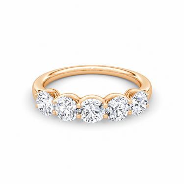 Just Brilliant Five Stone Diamond Band, Large version with Round Brilliant diamonds in 18K rose gold, front view. #jb-five-stone_large_round-brilliant_18k-rose-gold_front