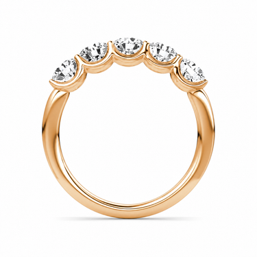 Just Brilliant Five Stone Diamond Band, Large version with Round Brilliant diamonds in 18K rose gold, profile view. #jb-five-stone_large_round-brilliant_18k-rose-gold_profile