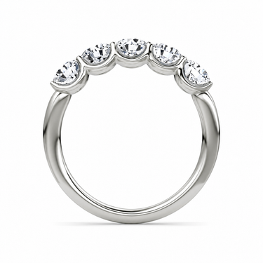 Just Brilliant Five Stone Diamond Band, Large version with Round Brilliant diamonds in 18K white gold, profile view. #jb-five-stone_large_round-brilliant_18k-white-gold_profile