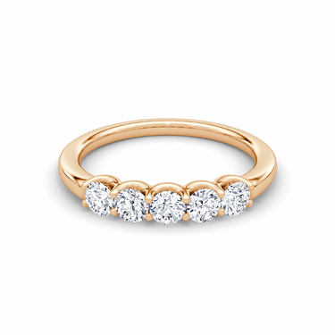 Just Brilliant Five Stone Diamond Band, Petite version with Round Brilliant diamonds in 18K rose gold, front view. #jb-five-stone_petite_round-brilliant_18k-rose-gold_front
