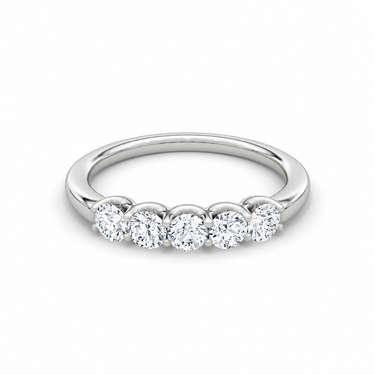 Just Brilliant Five Stone Diamond Band, Petite version with Round Brilliant diamonds in 18K white gold, front view. #jb-five-stone_petite_round-brilliant_18k-white-gold_front