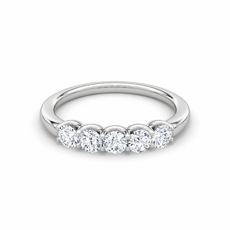 Just Brilliant Five Stone Diamond Band, Petite version with Round Brilliant diamonds in 18K white gold, front view. #jb-five-stone_petite_round-brilliant_18k-white-gold_front