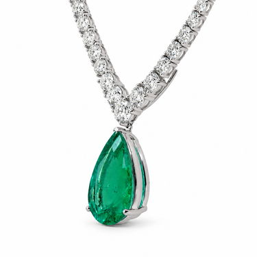 Larme d’Émeraude Necklace in 18K white gold by Just Brilliant — Angled close-up