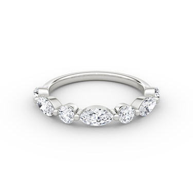 Just Brilliant Mixed Shared Prong Band in white gold, front view, white background with natural shadow