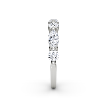 Just Brilliant Mixed Shared Prong Band in white gold, side view, white background with natural shadow
