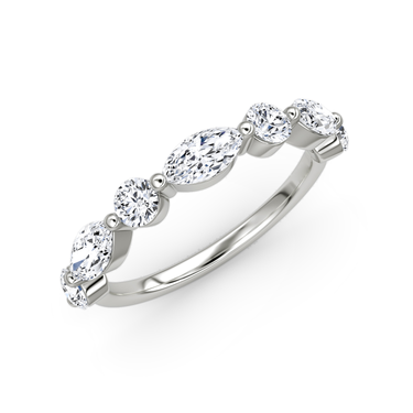 Just Brilliant Mixed Shared Prong Band in white gold, upright2 view, white background with natural shadow