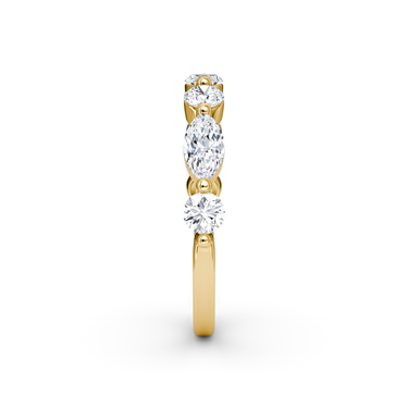 Just Brilliant Mixed Shared Prong Band in yellow gold, side view, white background with natural shadow