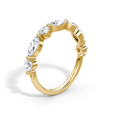 Just Brilliant Mixed Shared Prong Band in yellow gold, upright view, white background with natural shadow