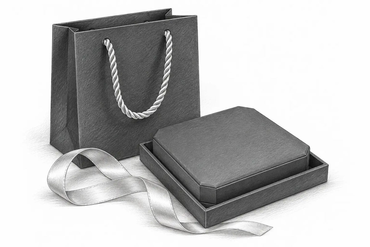 Graphite pencil illustration of the Just Brilliant charcoal shopping bag, silver rope handles, clipped-corner jewelry case and pale ribbon.