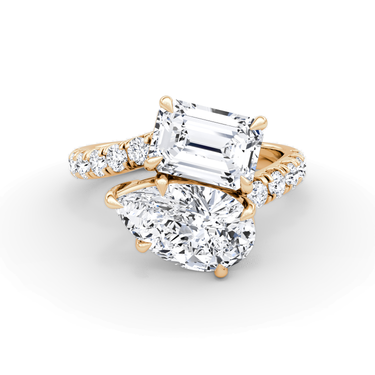 Just Brilliant Toi et Moi Bypass ring, pavé band, emerald and pear diamonds, rose gold, front view