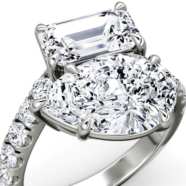 Just Brilliant Toi et Moi Bypass ring, pavé band, emerald and pear diamonds, white gold, detail view