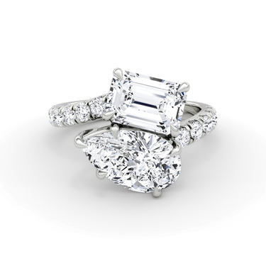 Just Brilliant Toi et Moi Bypass ring, pavé band, emerald and pear diamonds, white gold, front view