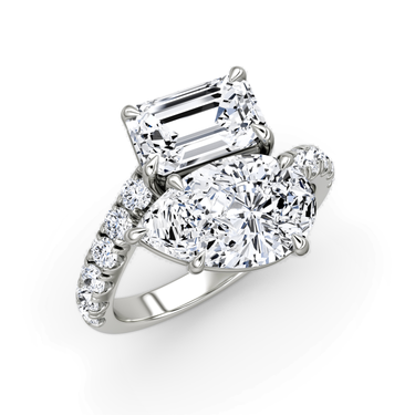 Just Brilliant Toi et Moi Bypass ring, pavé band, emerald and pear diamonds, white gold, oblique view