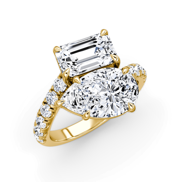 Just Brilliant Toi et Moi Bypass ring, pavé band, emerald and pear diamonds, yellow gold, oblique view