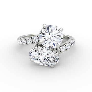 Just Brilliant Toi et Moi Bypass ring, pavé round brilliant and oval, 18K White Gold, front view