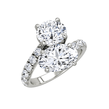Just Brilliant Toi et Moi Bypass ring, pavé round brilliant and oval, 18K White Gold, oblique view