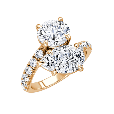 Just Brilliant Toi et Moi Bypass ring, pavé band, round brilliant and pear diamonds, 18K Rose Gold, oblique view