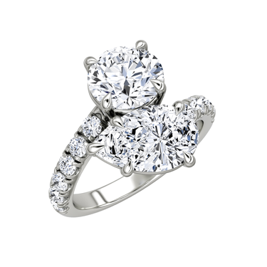 Just Brilliant Toi et Moi Bypass ring, pavé band, round brilliant and pear diamonds, 18K White Gold, oblique view