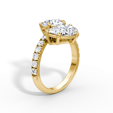 Just Brilliant Toi et Moi Bypass ring, pavé band, round brilliant and pear diamonds, 18K Yellow Gold, upright view