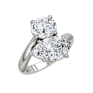 Just Brilliant Toi et Moi Bypass ring, plain band, round brilliant and pear diamonds, 18K White Gold, oblique view