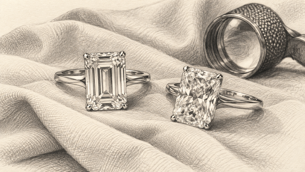 Pencil illustration of emerald cut and radiant diamond rings beside a jeweler’s loupe.