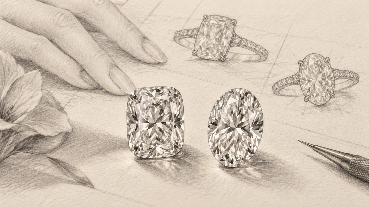 Graphite study of an elongated cushion diamond and an oval diamond with ring design sketches.