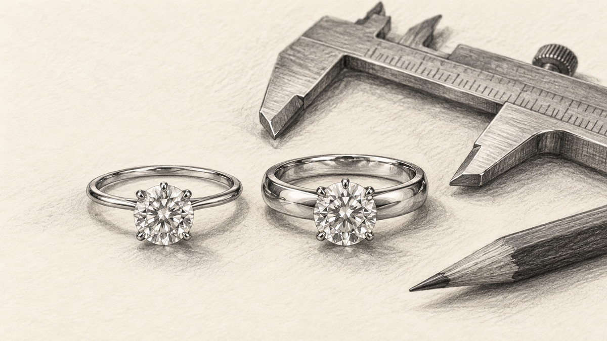 Pencil illustration comparing slender and broader engagement ring bands beside a jeweler’s caliper.