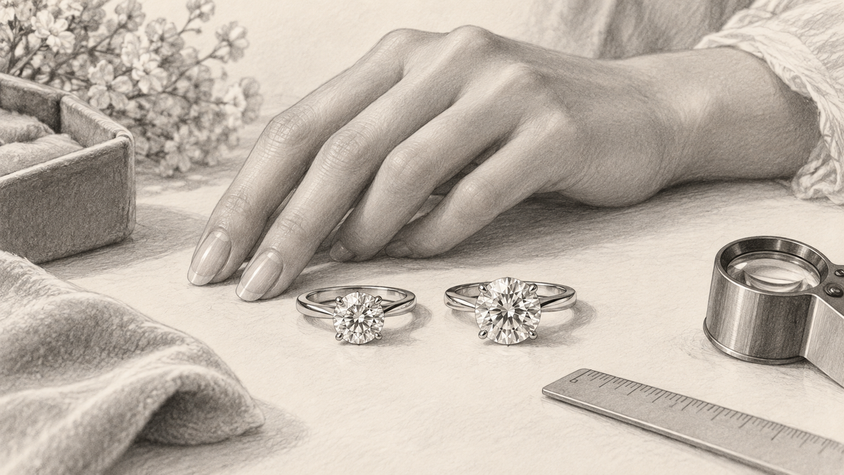 Graphite illustration of two diamond rings at different scales beside a relaxed hand.