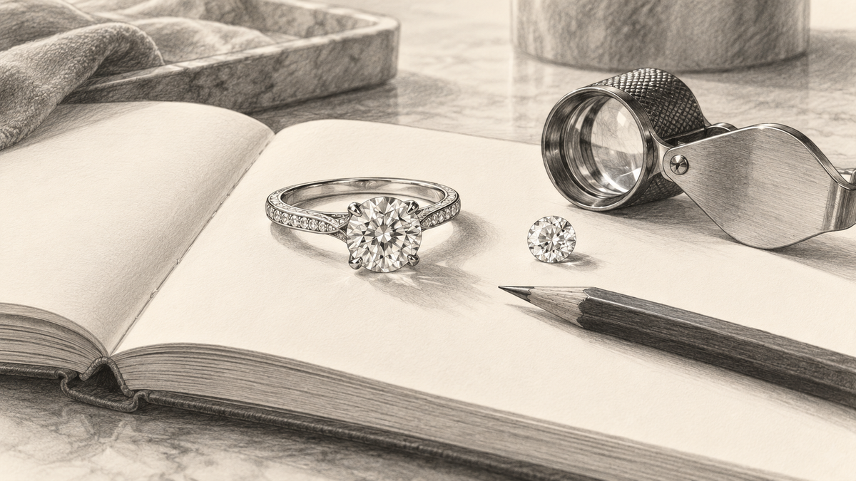 Pencil still life of a diamond ring, loose stone and loupe on an open design notebook.