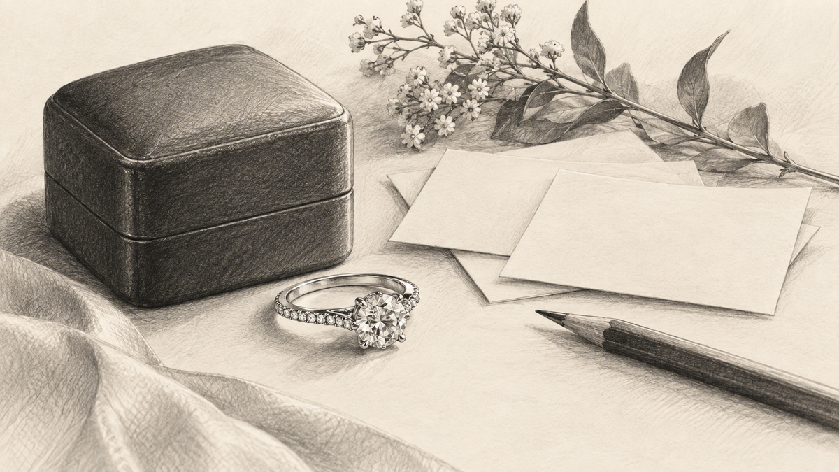 Graphite illustration of a ring, presentation case and blank planning cards before a proposal.