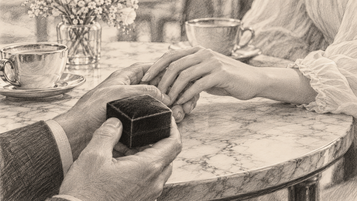 Pencil drawing of a couple’s hands and a closed ring case during a quiet moment together.