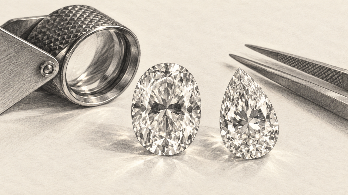 Graphite study of oval and pear diamonds with contrasting reflections beside a loupe.