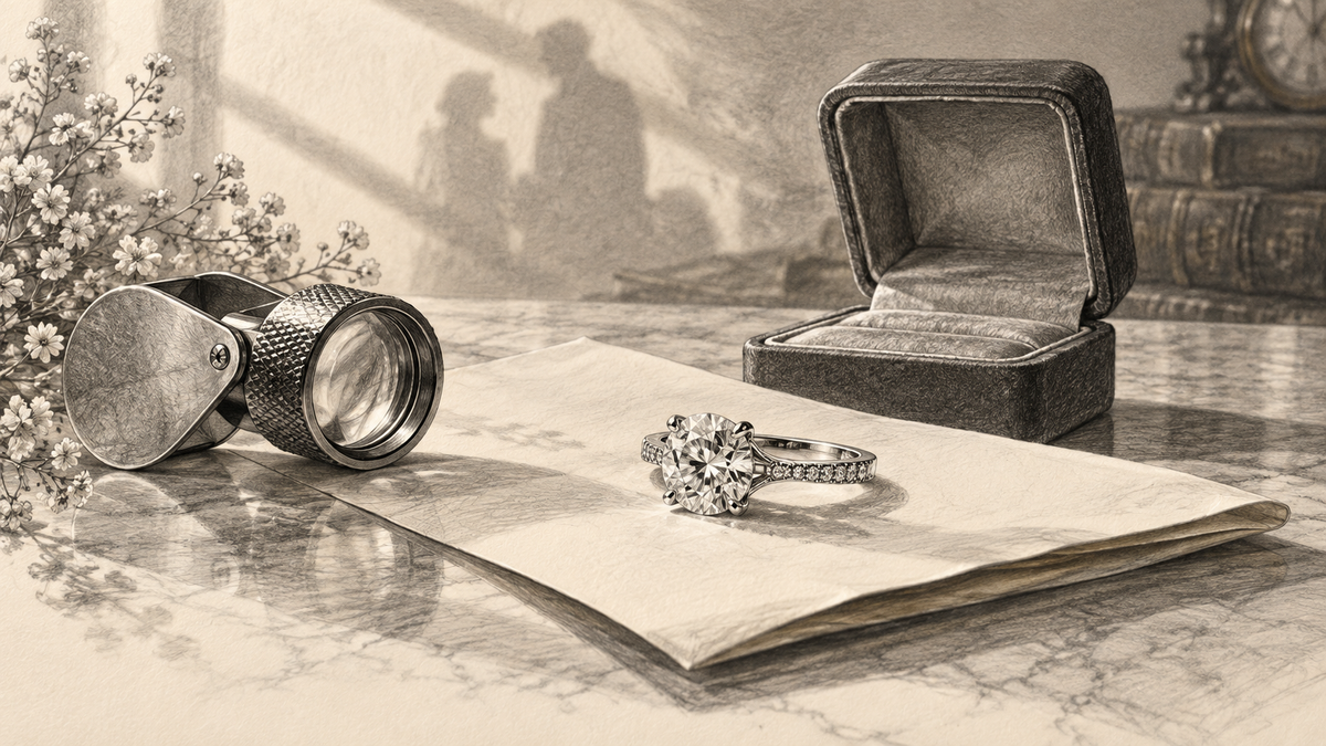 Pencil still life of a diamond ring, presentation box and blank valuation papers.
