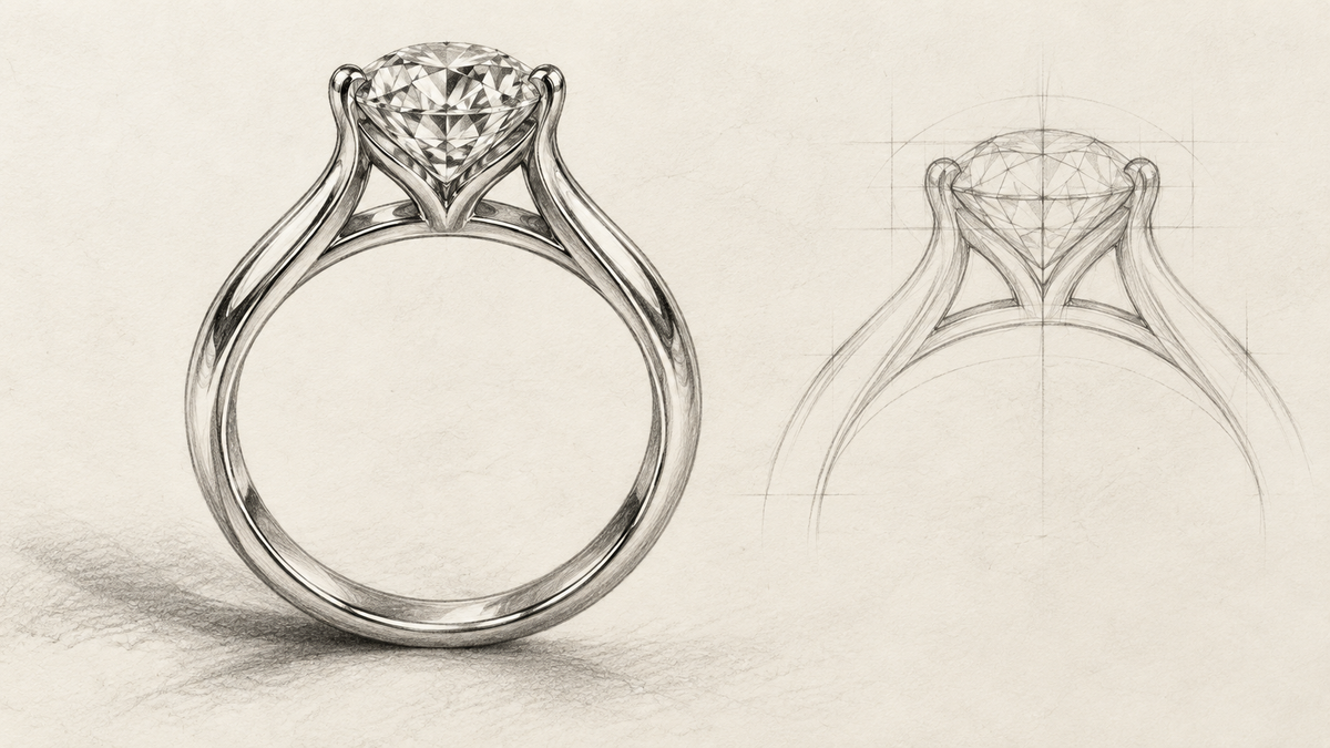 Graphite side view of a solitaire ring with raised cathedral shoulders.