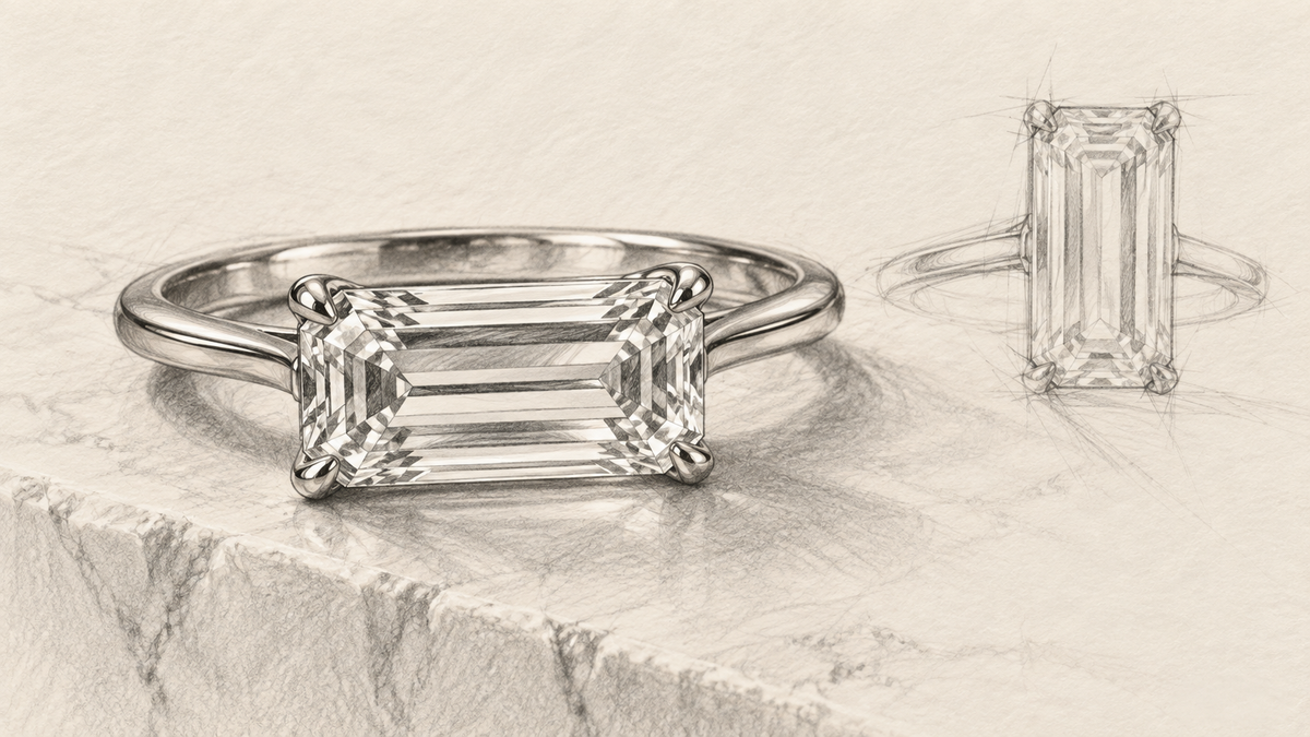 Pencil drawing of a horizontal emerald cut diamond ring and a vertical design study.