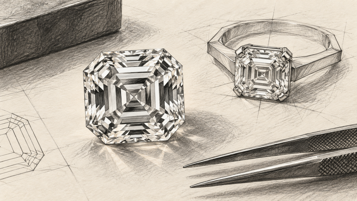 Graphite illustration of a square step cut diamond beside tweezers and a ring sketch.
