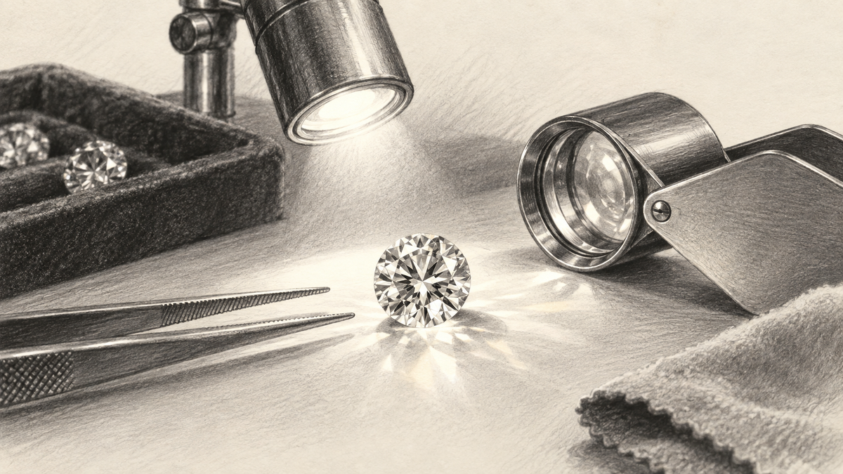 Pencil study of a diamond beneath an inspection lamp beside a jeweler’s loupe.
