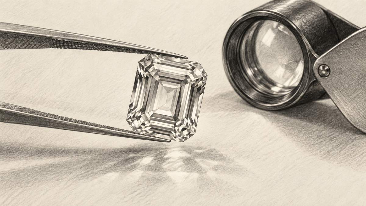 Graphite drawing of an emerald cut diamond held in tweezers for careful viewing.